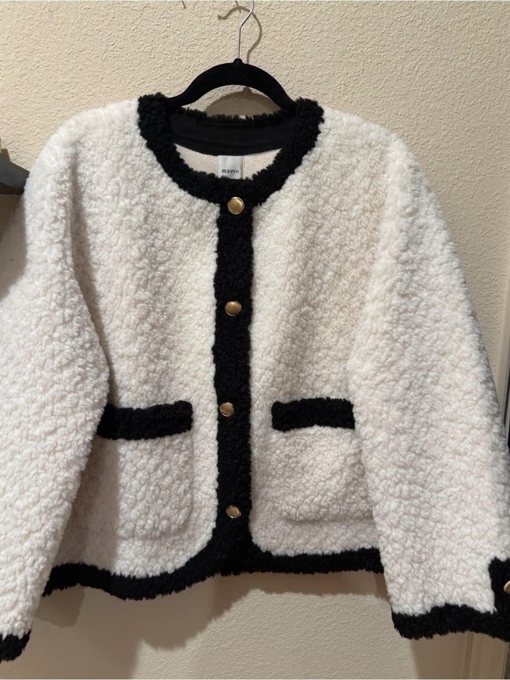 Maeve White Teddy Jacket with Black Trim